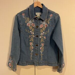 Susan Bristol Vintage Floral Garden Embroidered Stretch Denim Jacket Sz PM MP
